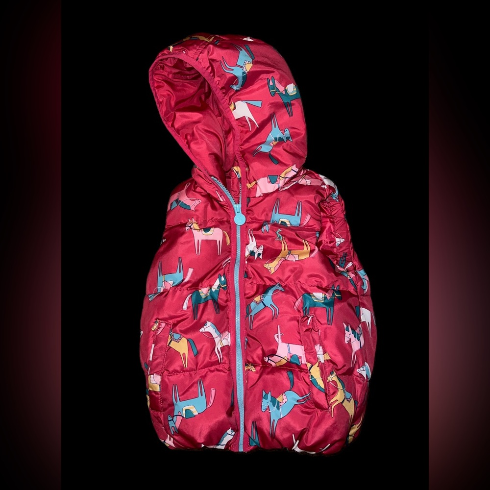 Joules Hooded Puffy Vest, pink/horse print, girls Sz 6